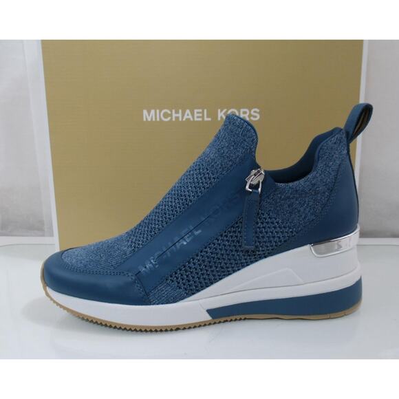 Michael Kors Willis Wedge Trainer Sneakers Zip MK Logo Union Wash Blue Size 8 - Picture 2 of 9